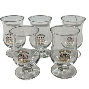 Vintage Bailey’s Irish Cream Set of 5 Stem Glasses Gold Etching Logo